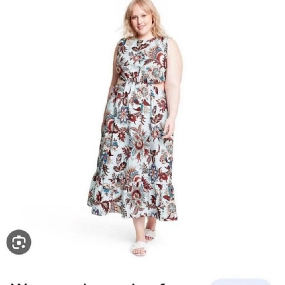 Rhode x Target Blue Leafy Floral Print Cut Out Ruffled Dress 1X NWT